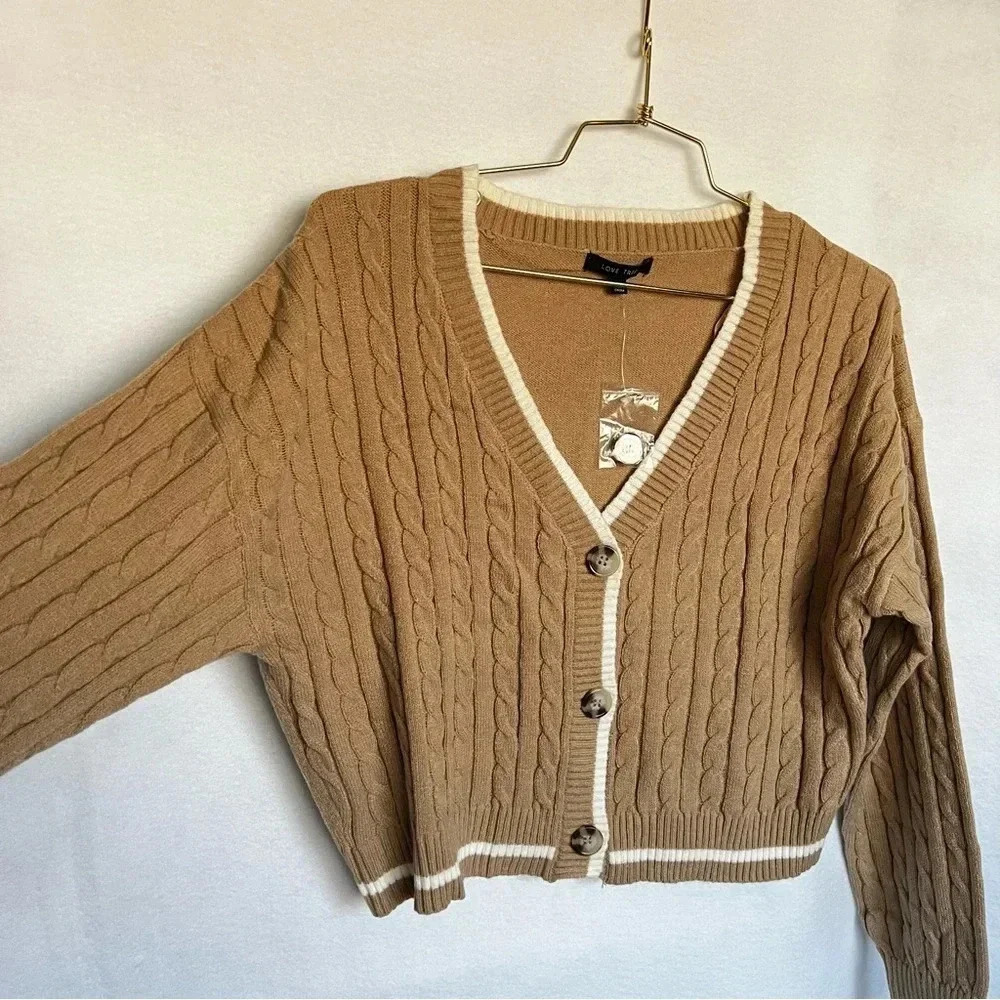 Cardigan Sweater Cable Knit Oversized Boxy Cropped Khaki Brown Long Sleeve Cozy - Picture 6 of 8